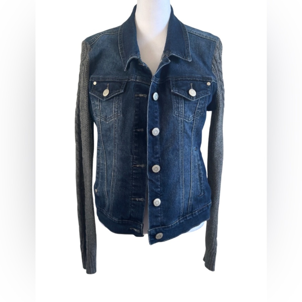 Guess Blue Denim Jacket with Gray Knit Sleeves